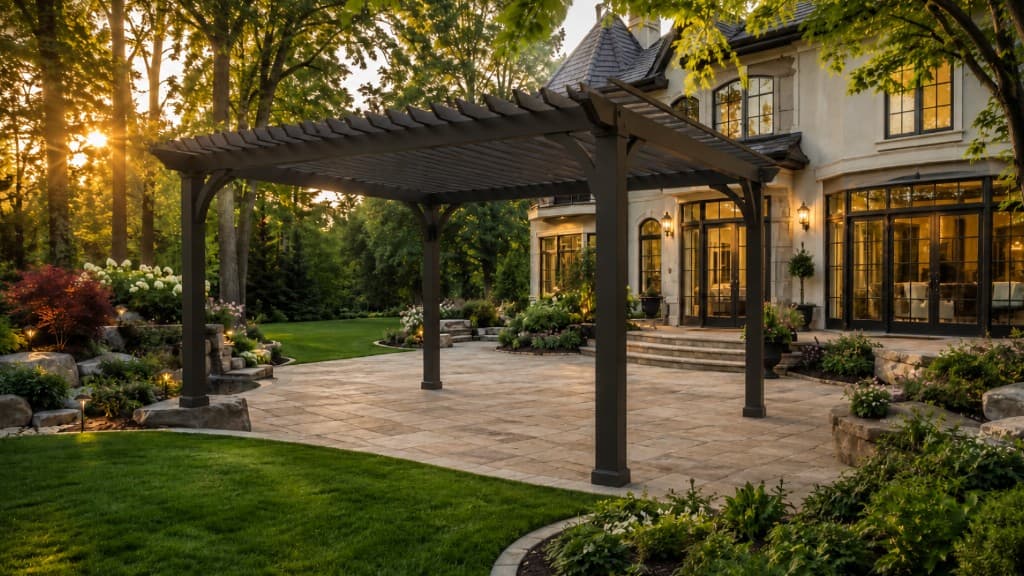 Modern black free-standing pergola on a stone patio at sunset